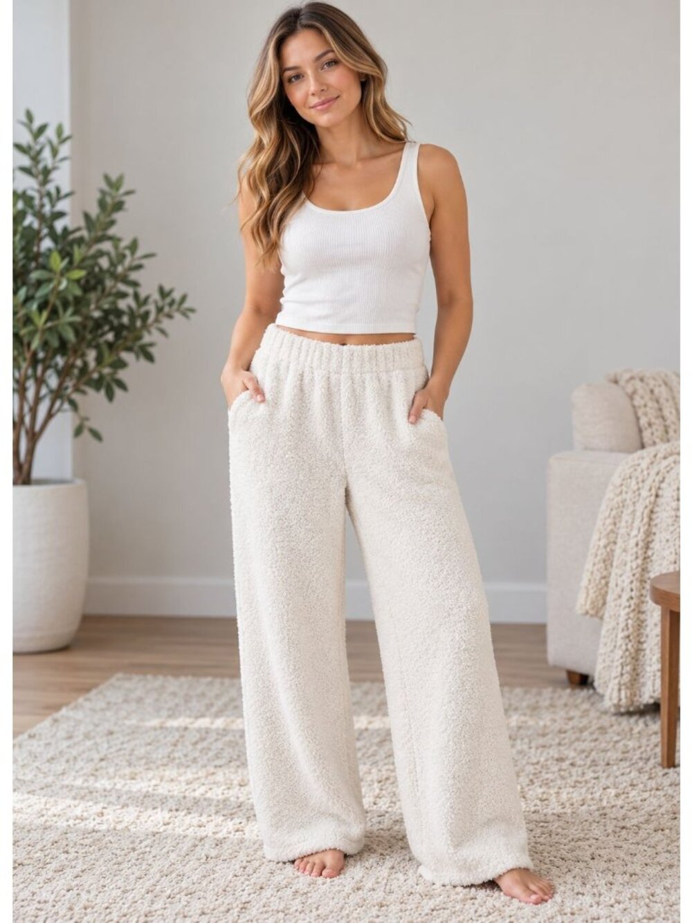 Skims Cozy Knit Pants in a white or cream fuzzy teddy knit material Size L/XL